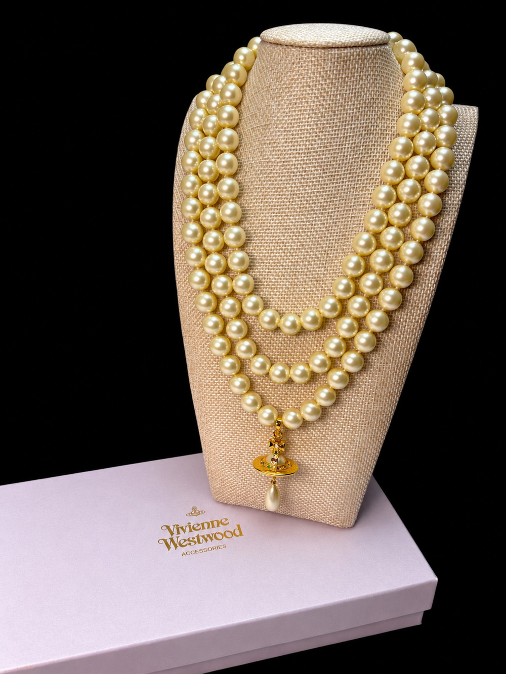 Vivienne Westwood Authentic Vintage Three Row Pearl Drop Choker Necklace Gold